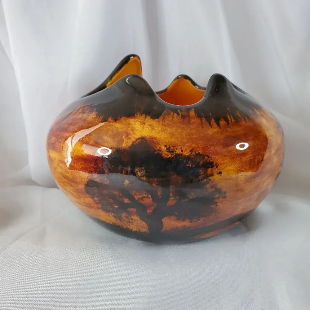 Vintage 1980s Art Pottery Planter Desert Landscape & Palm Tree Design Signed